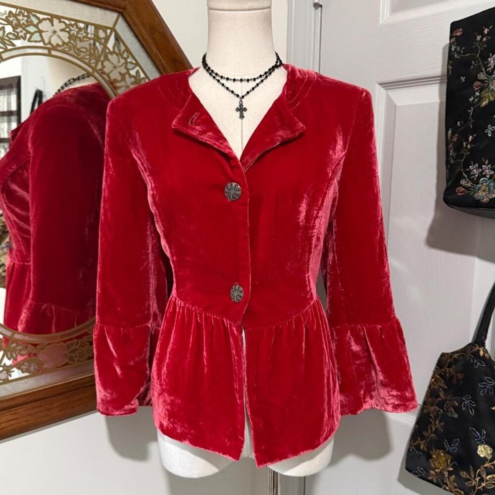 Y2K Style & Co Bright Romantic Red Velvet Silk Blend Button Up Mid Sleeve Jacket